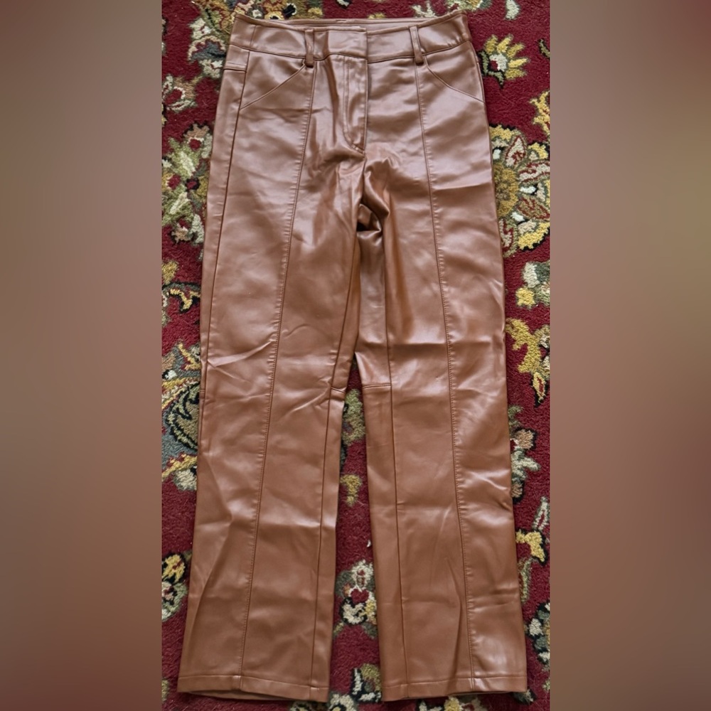 Brown Faux Leather Pink Lily Straight Leg Pants Size Small Nice